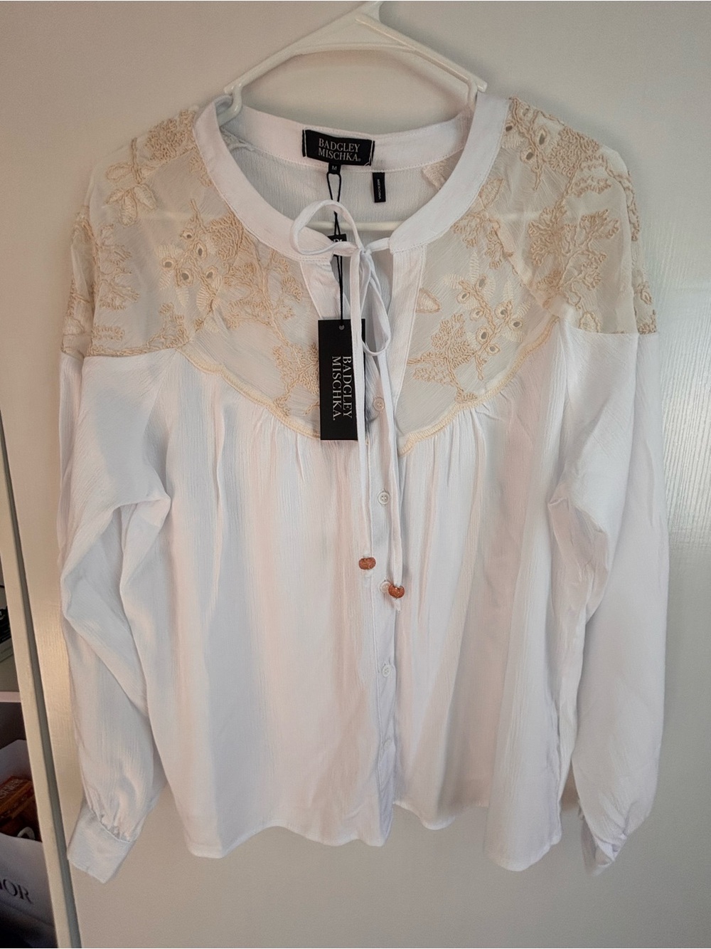Badgley Mischka White Blouse with Cream Embroidered Yoke beautiful boho style f